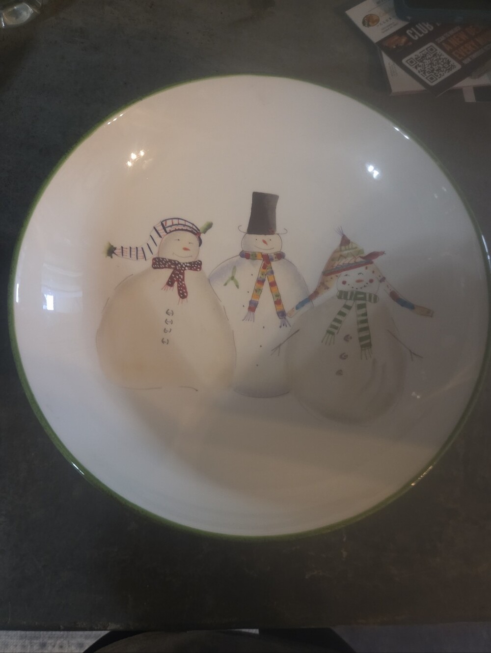Sakura Snowmates Green Serving Bowl Snowmen. Debbie Taylor-Kerman.